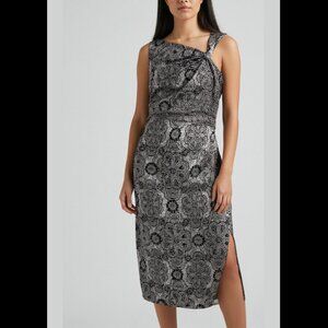 Asymmetric metallic jacquard sheath dress-black & silver